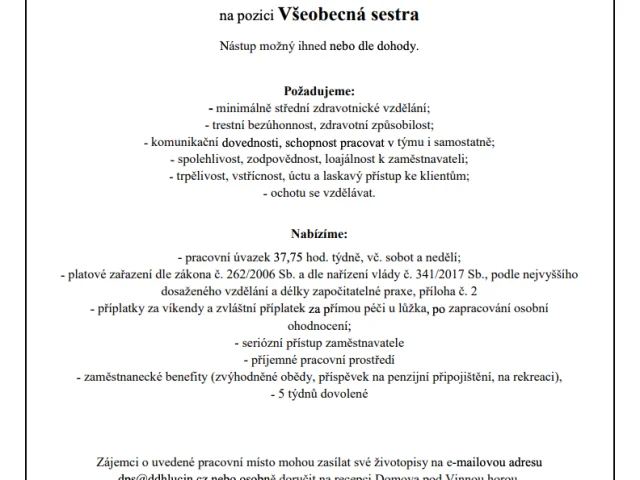 Přijmeme zaměstnance na pozici Všeobecná sestra