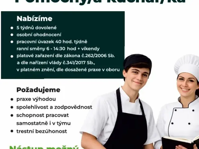 NA HLAVNÍ PRACOVNÍ POMĚR PŘIJMEME ZAMĚSTNANCE NA POZICI POMOCNÝ/Á KUCHAŘ/KA